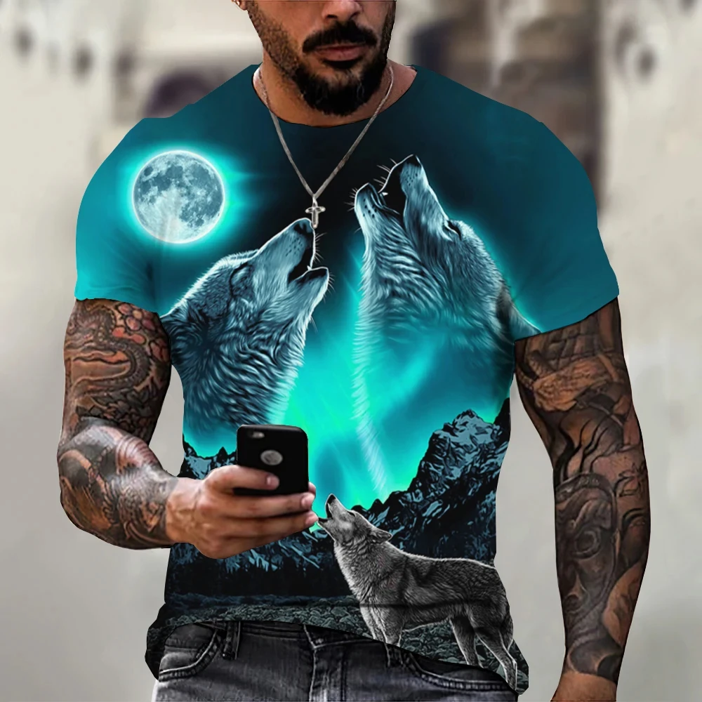 T-shirt manches courtes pour homme, streetwear décontracté avec loup imprimé animal en 3D, vêtements vintage, 2024