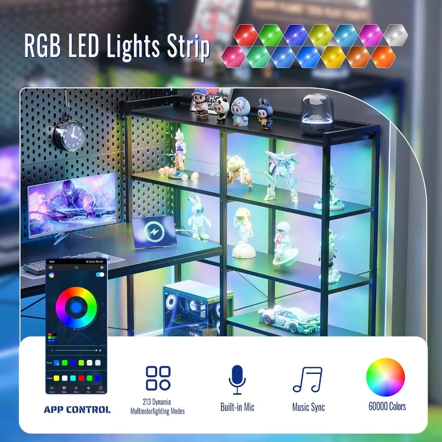 مكتب كمبيوتر على شكل حرف L مع أرفف تخزين جانبية قابلة للعكس، مكتب ألعاب مقاس 49 بوصة مع منافذ طاقة وأضواء LED للمكتب المنزلي #3