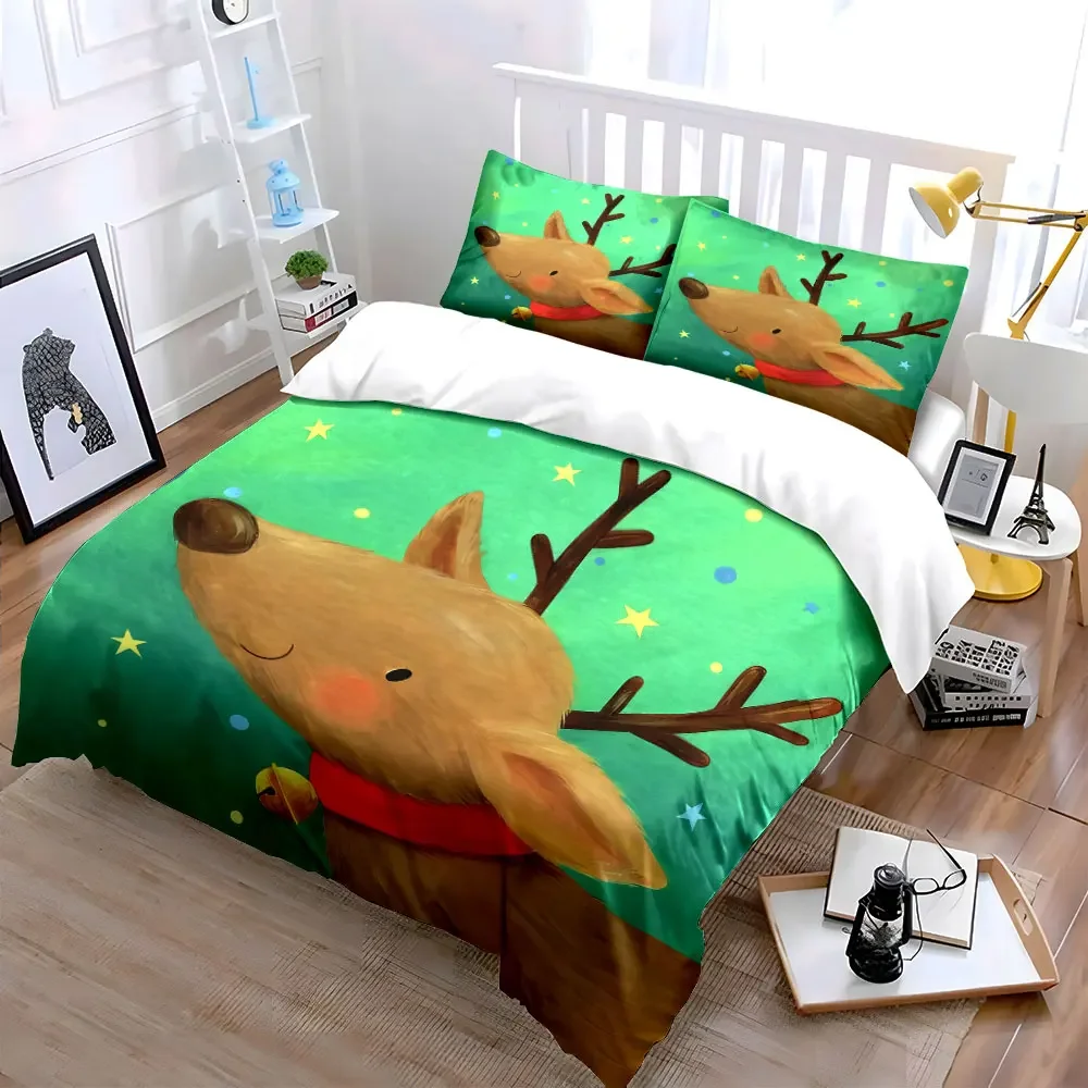 3Pcs Whimsical Reindeer Bedding Set, Cute Christmas Reindeer with Bell Print Duvet Cover, Cheerful Kids Bedroom Decor
