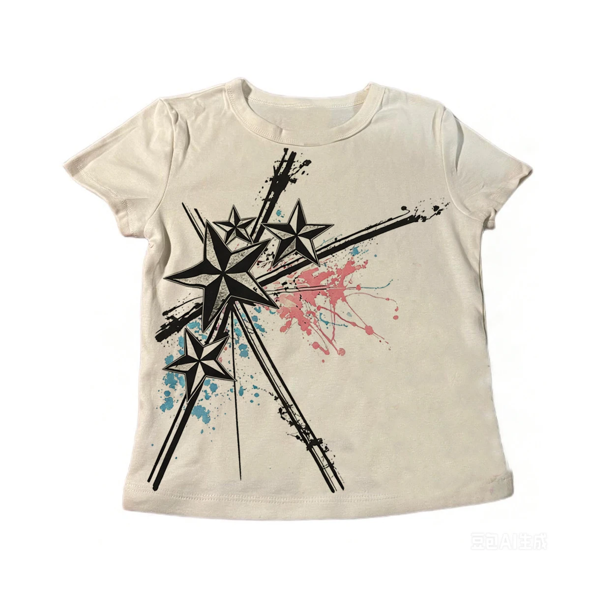 Y2K Star Splash Paint T Shirt Women Grunge Nautical Star Ink Splatter Print Short Sleeve Beige Crop Ladies Graphic Tee Tops