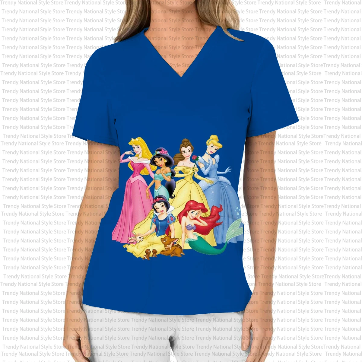 Summer New Arrival Women's Work Nursing Uniform Disney Princess Kaii Print V-Neck Pocket Frosted Top Dental Pet Shop T-Shirt