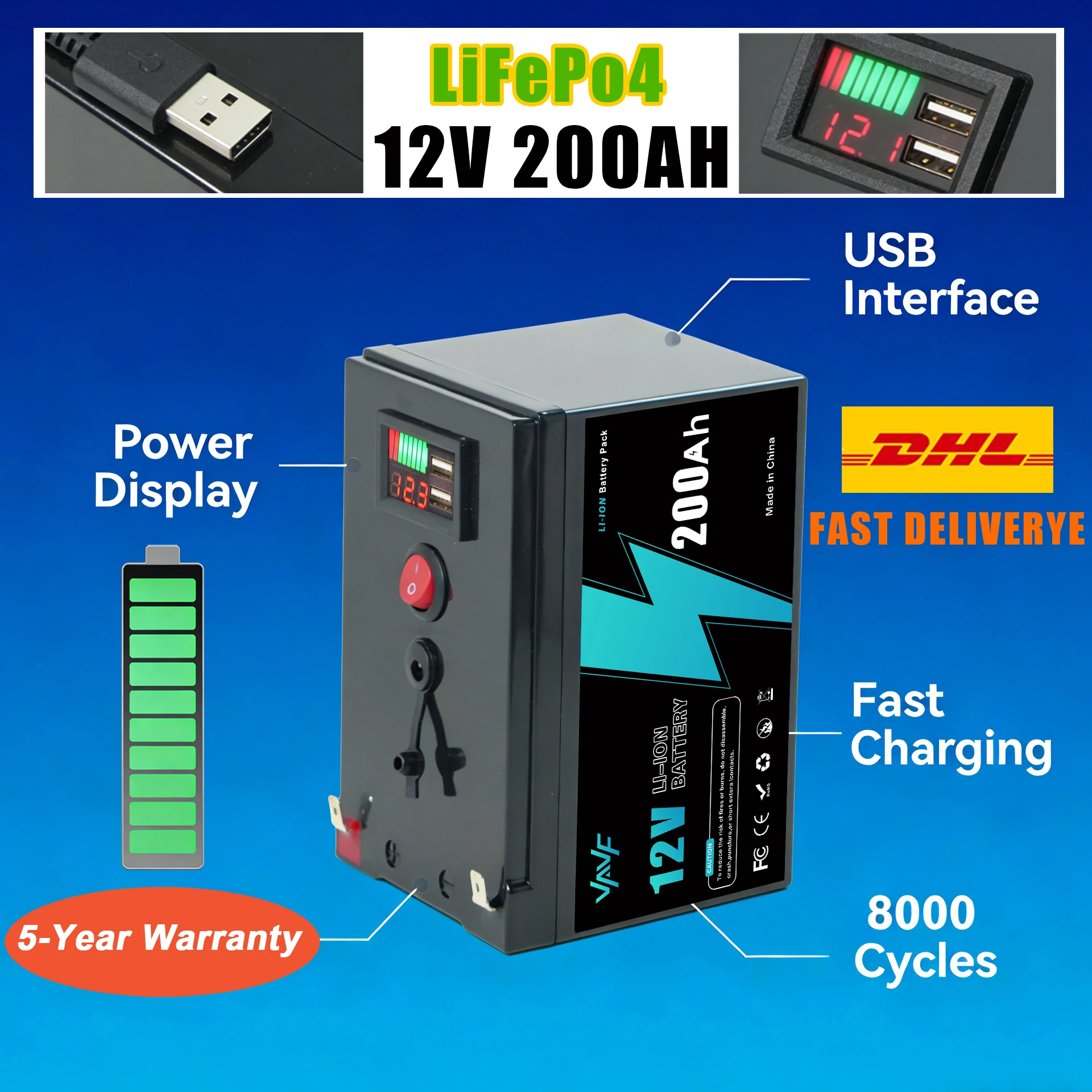 

Brand New12V 200Ah LiFePO4 Deep Cycle Battery, Rechargeable Built-in BMS for Solar Power,Scooters,Fish Finder,Boats