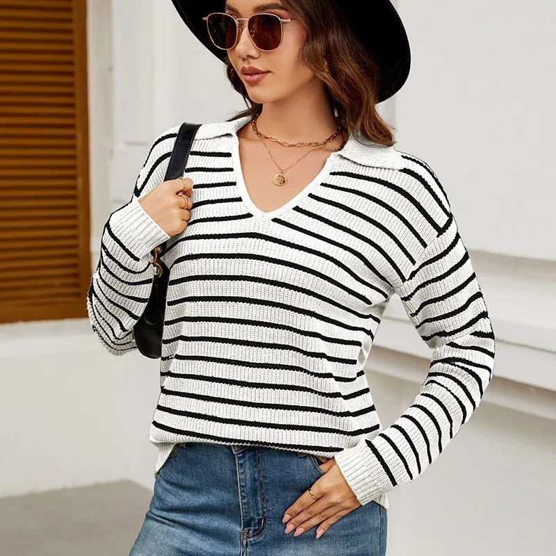 

New Autumn And Winter Women Striped Sweater Casual Loose Long Sleeved Minimalist Office Commuting Pullover Knitted Base Sweater
