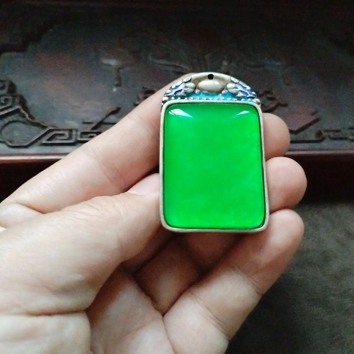 Collectible Tibetan Silver Dragon & Plain Safety Pendant, Inlaid Bashan Jade Amulet Vintage Ethnic Necklace Charm