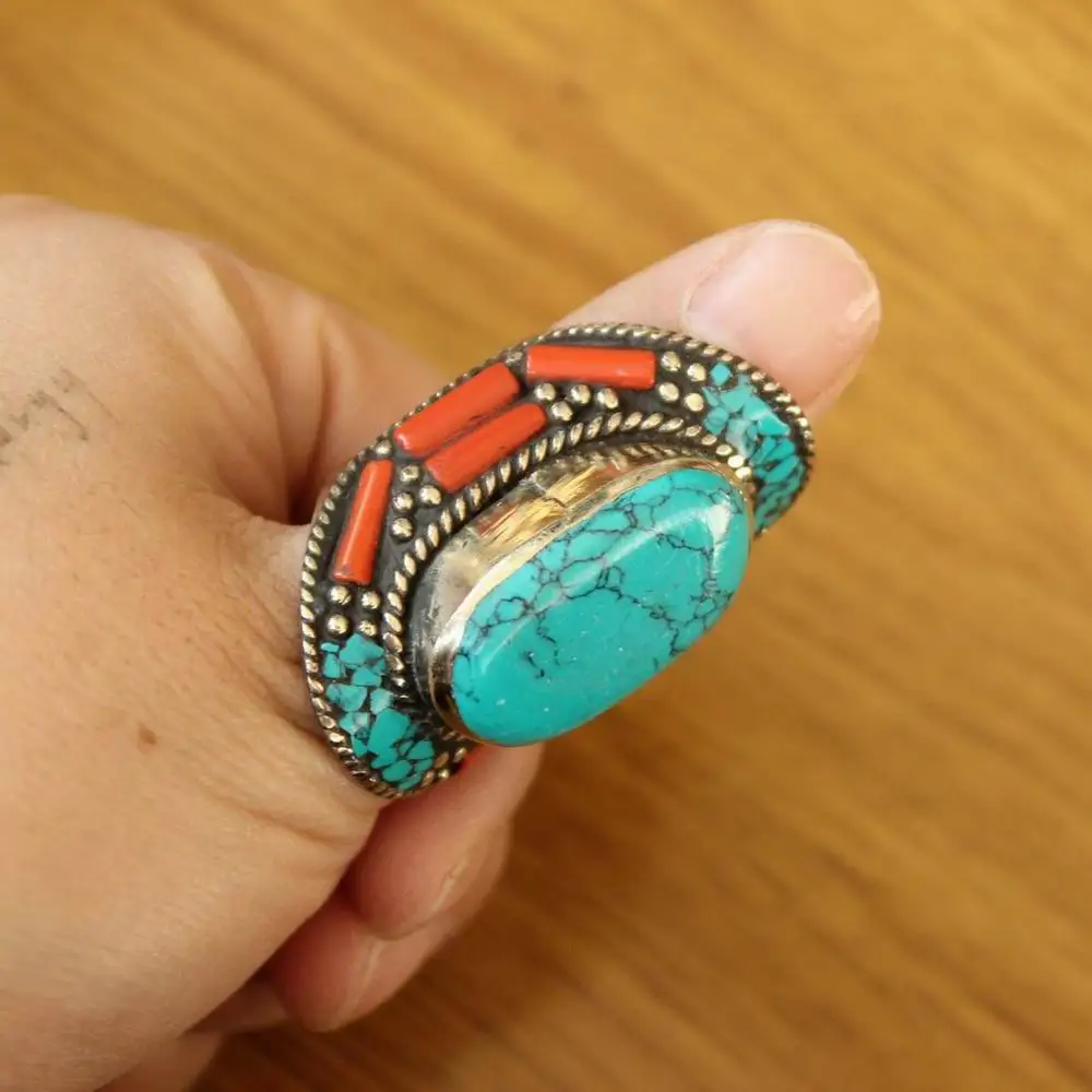 RG366 Handmade Nepal Big Rings For Man Copper Inlaid Turquoises Coral  Stone Thumb Ring New Arrival