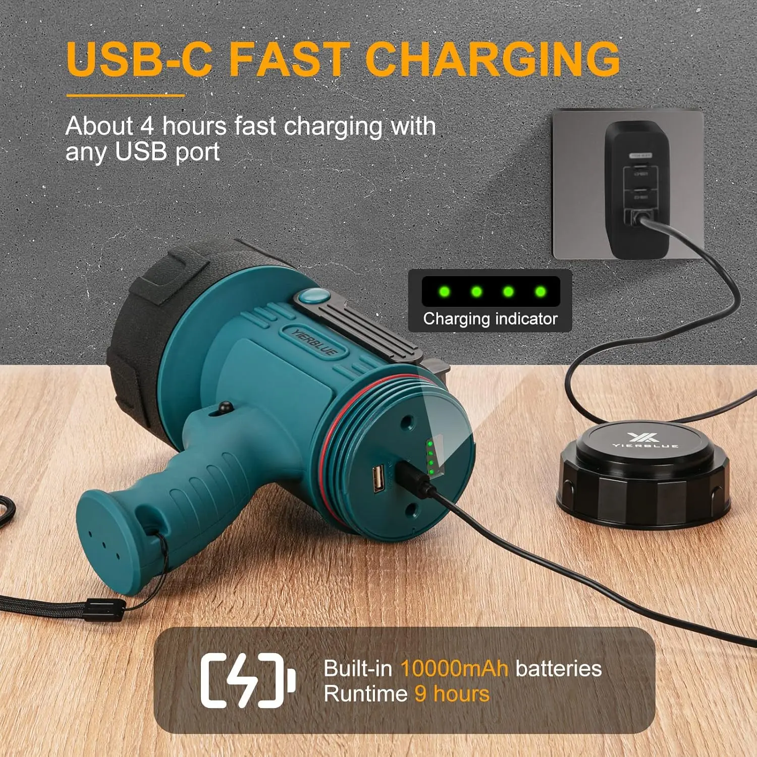 Rechargeable Spotlight with 1000000 Lumen LED, IP67 Waterproof, Long Runtime, and Foldable Stand for Outdoor Use