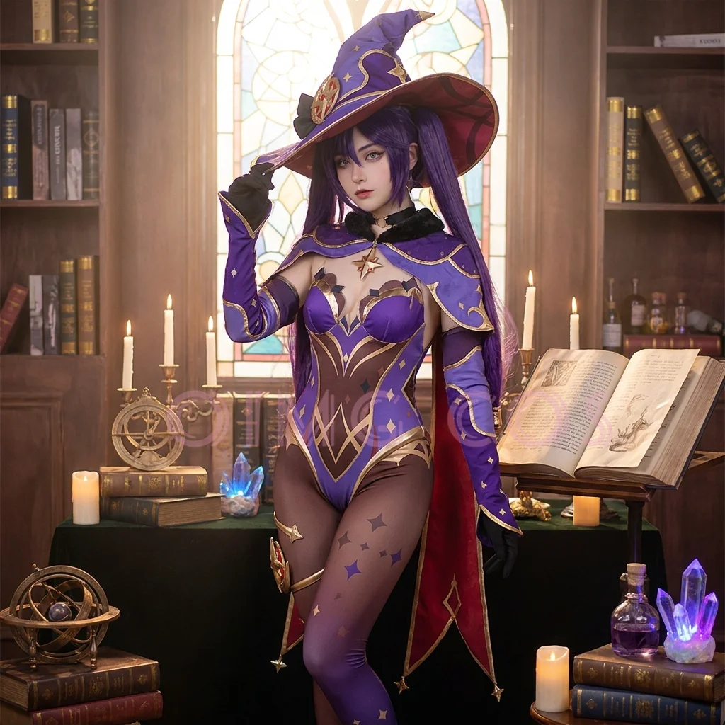 Traje de cosplay de Mona de Genshin Impact, diseño Espejo de las Aguas Cielo Estrellado, disfraz de anime para actuaciones en escenario