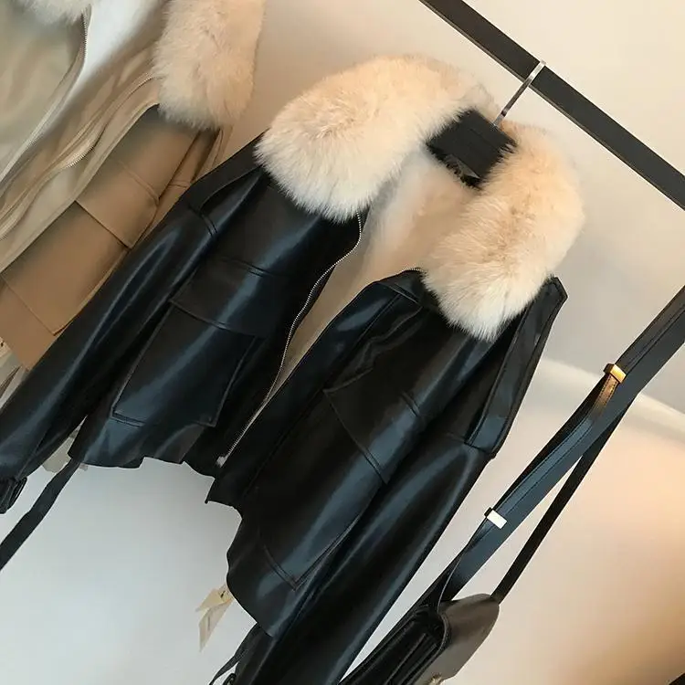 Chic Autumn Winter Detachable Faux Mink Fur Collar PU Bomber Jacket Plus Velvet Thick Trench Coat Faux Leather Zipper Cardigan