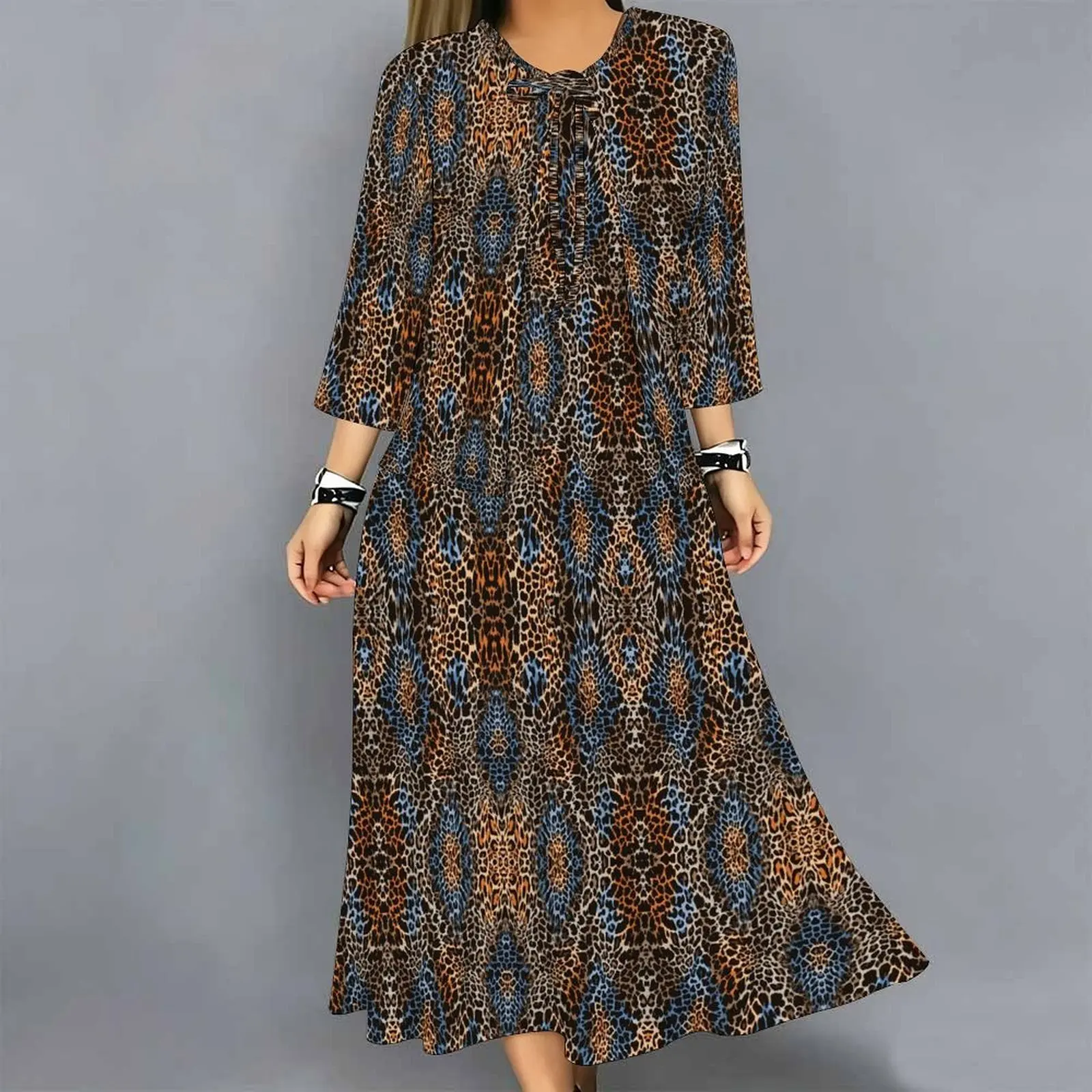 Women 2 Piece Dress Set Print 3/4 Sleeve Cardigan and Midi Dress Loose Casual Vacation Ladies Outfit
