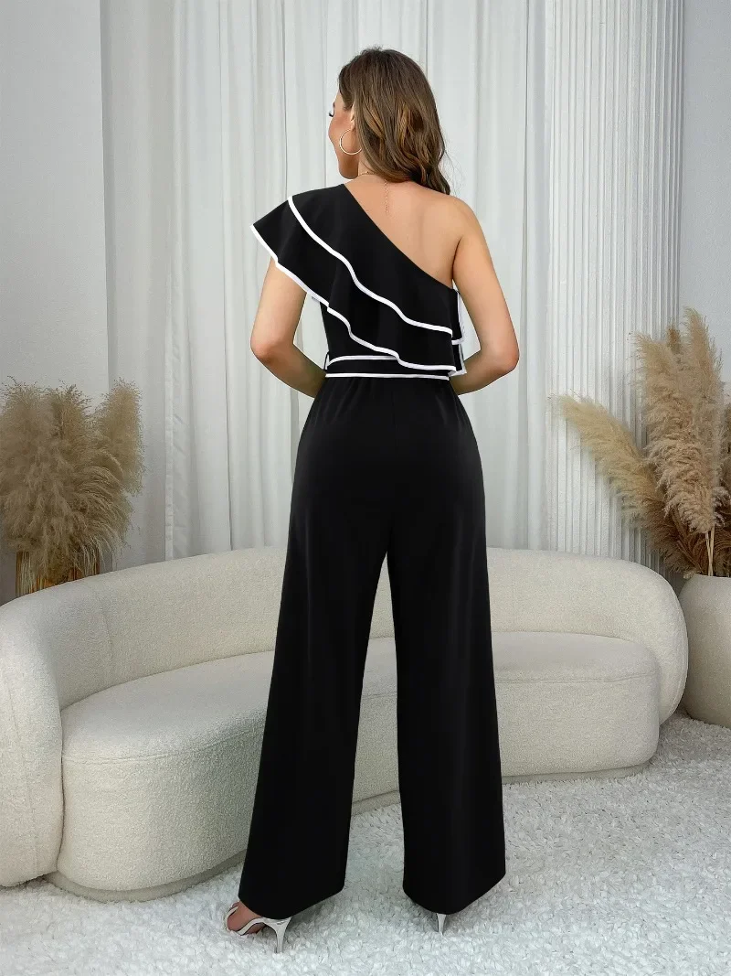 KEXU Sexy Ruffles One Shoulder Wide Leg Jumpsuit Women Elegant High Waist Celebrity Night Club Outfits One Pieces Romper