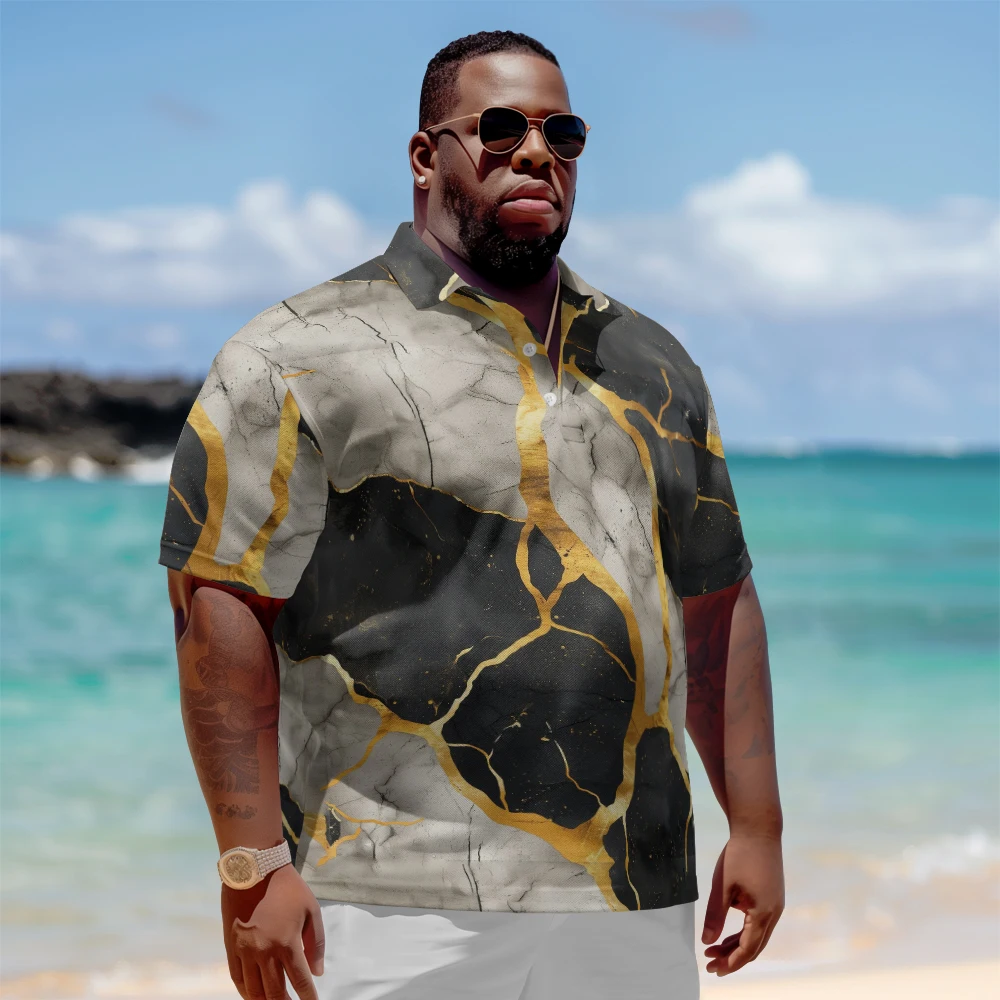 

1 men's plus size polo shirt with summer black gold cracked print casual lapel button suitable for shopping and golf