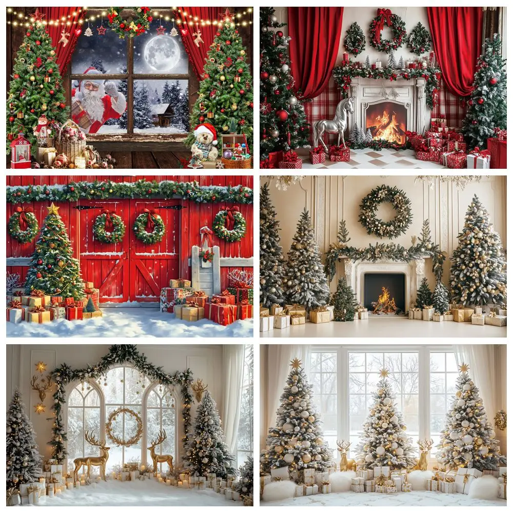 شجرة عيد الميلاد حفلة خلفية الموقد نافذة الشتاء جورب الهدايا الأسرة صورة التصوير خلفية ديكور لاستوديو الصور