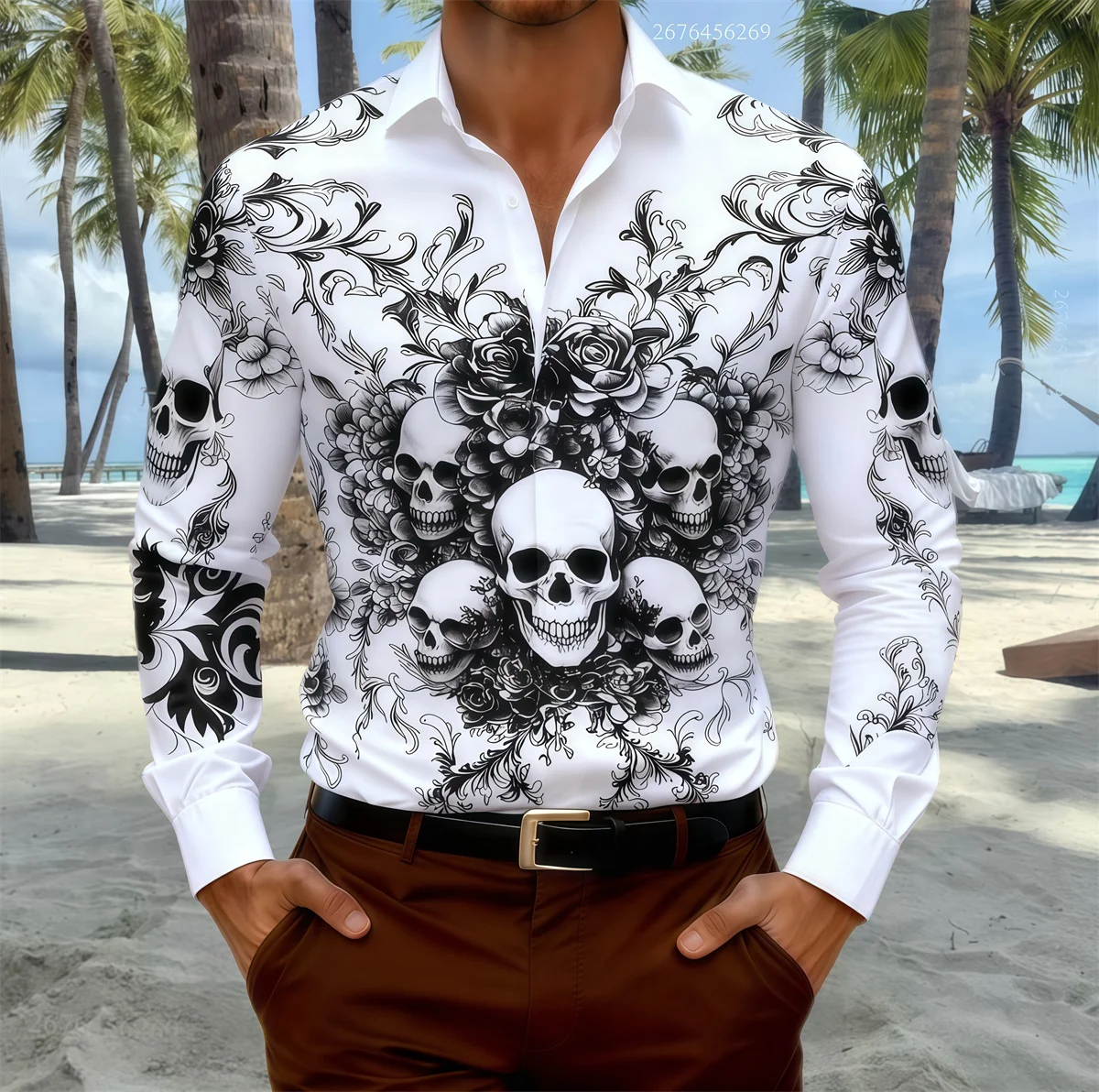 15-цветная мужская рубашка с длинными рукавами и принтом черепа и крыла летучей мыши для вечеринок и повседневной одежды: изысканный череп и орнаментный узор