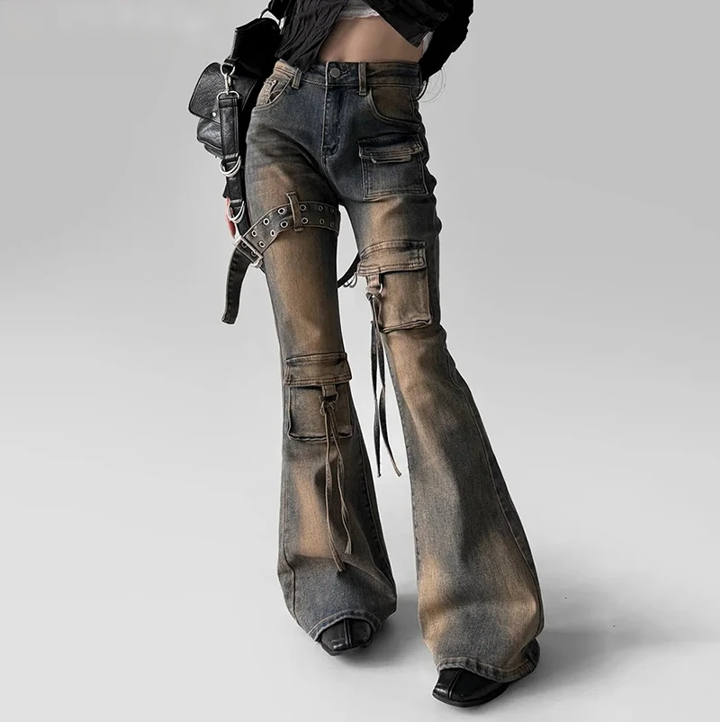 

Женские джинсы-карго с низкой талией, винтажные потертые облегающие брюки-карго с поясом, брюки-клеш, старая корейская уличная одежда Y2k