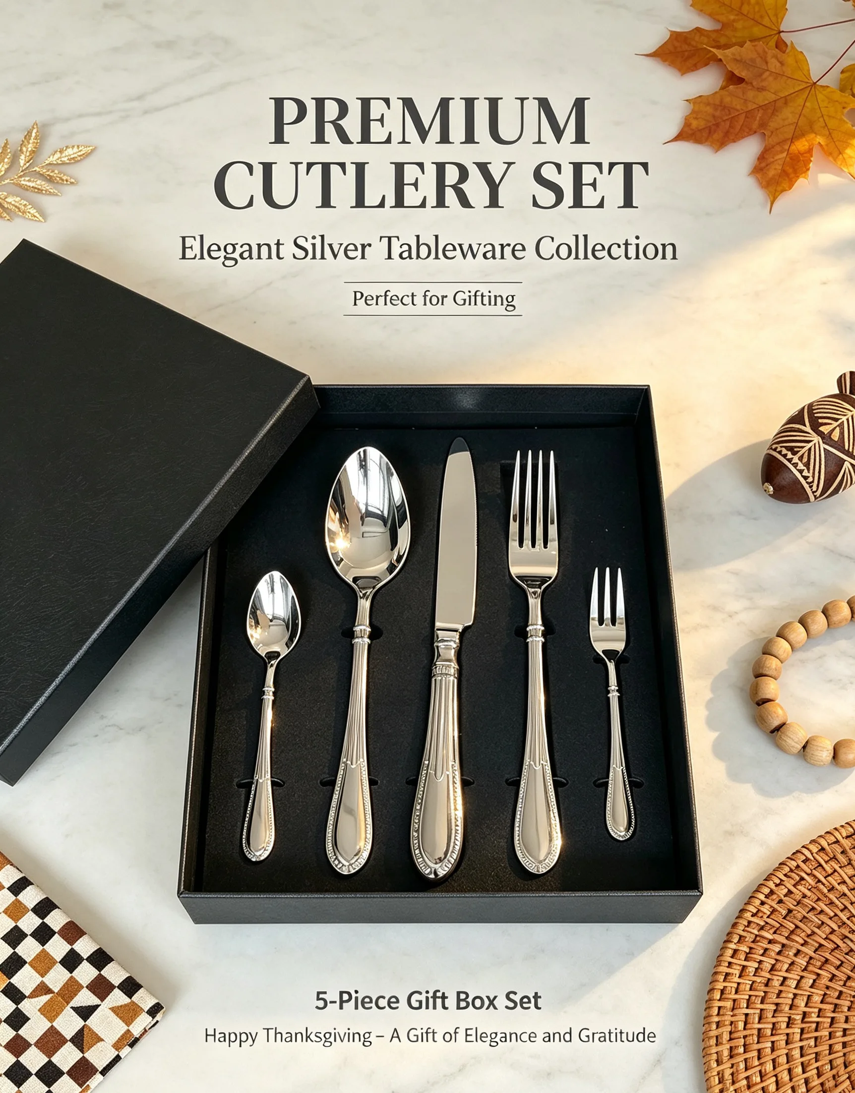 Straight Top Round Bottom Handled Stainless Steel Cutlery Set 5Pcs Gift Box 304 420 Thanksgiving Holiday Tableware Gift