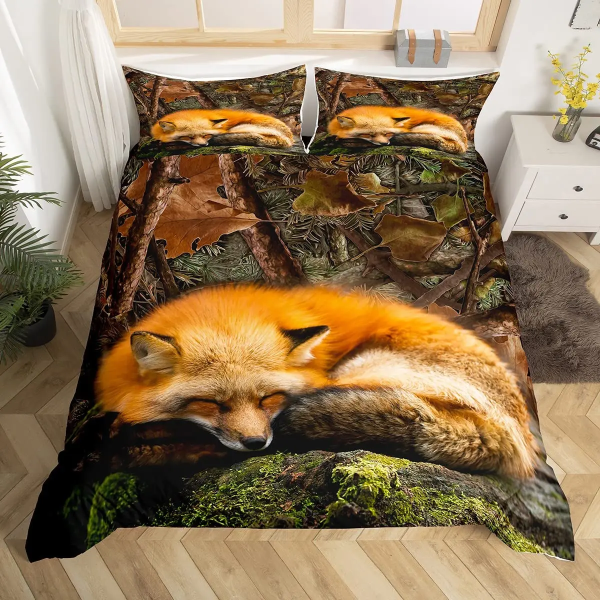 Fox Duvet Cover Tree Branch Camo Bedding Set Jungle Wild Animal Woodland Hunting Boys Teen Men Rustic Farmhouse Bed Set Autumn