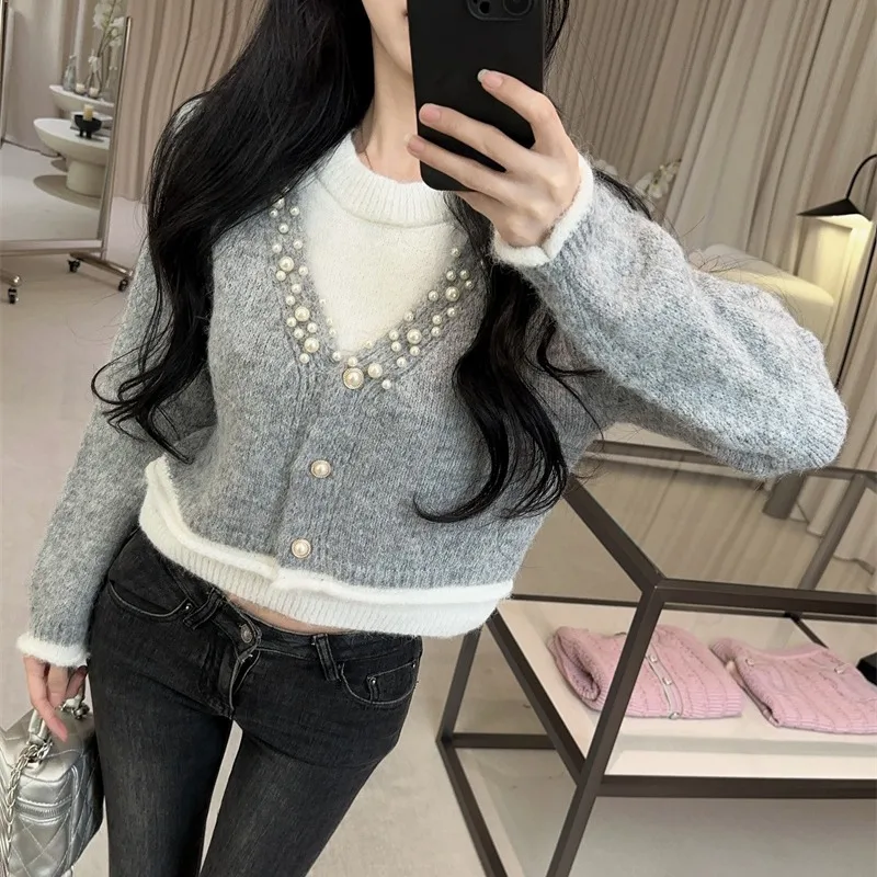 الخريف الشتاء المرأة فضفاضة V-Ne محبوك سترة Thiened طويلة Sve قاعدة طبقة irt لينة مريحة Sle وهمية تصميم قطعتين