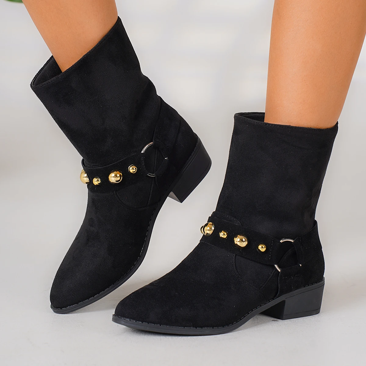 Woman Boots New High Quality Fashion Short Boots Woman Round Toe Rivets Buckle Strap Flat Shoes for Woman Western Cowboy Boots