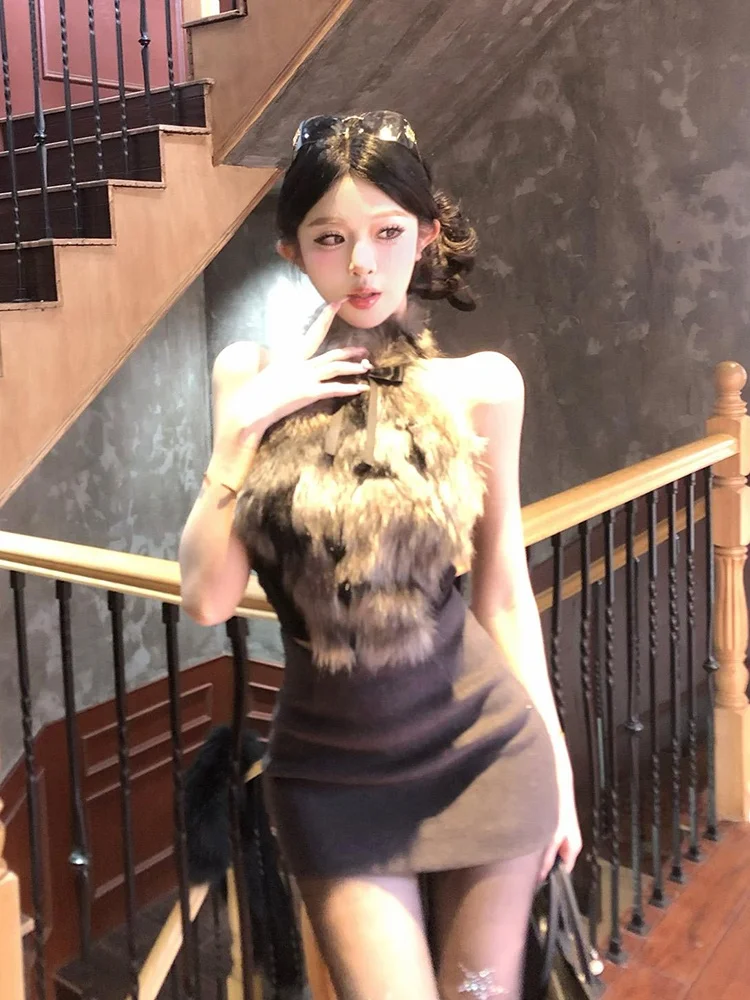 

XZY Chic Retro Fur Ne Hanging Vest And ort Skirt Set for plus Size Women Autumn Winter High Waist Bodycon Faionable Outfit