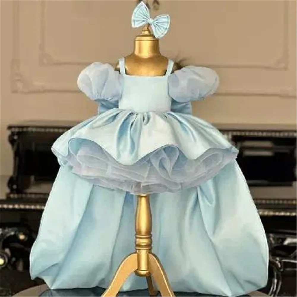 

Pink Satin Flower Girl Dress For Wedding Puffy With Bow Princess Pageant Kids Baby Birthday First Communion Gown