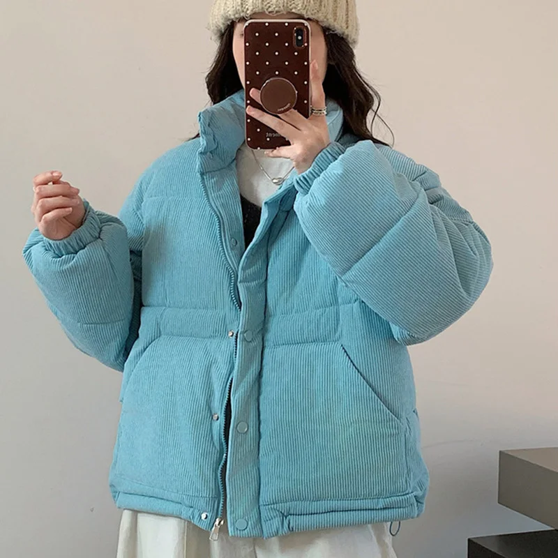 Giacca invernale in velluto a coste di cotone per donna tinta unita coreana colletto rialzato semplice caldo moda casual nuovo cappotto addensato femminile