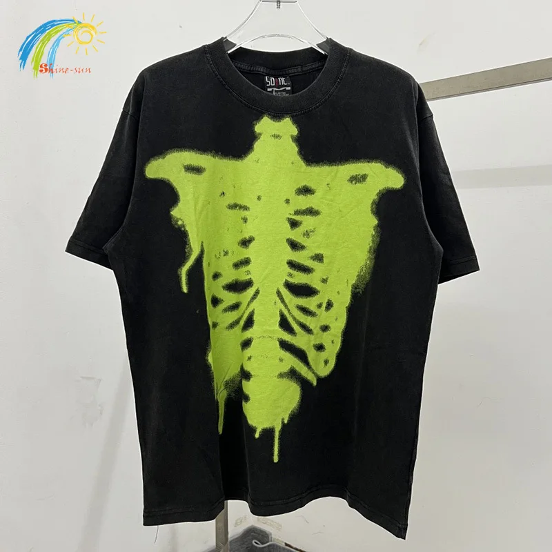 

Men Women High Street Green Skeleton Skull Print Saint T-Shirt Best Quality Cotton Tee Top Vintage Washed Black T Shirt With Tag