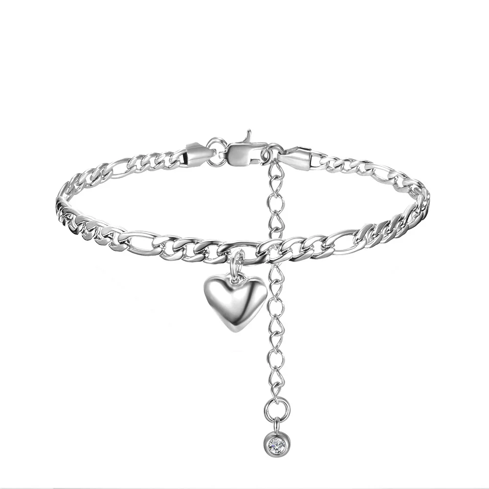 Tornozeleira de Aço Inoxidável para Mulheres, Cor Prata, Charme do Coração, Pulseira de Tornozelo Perna, Jóias de Praia do Verão, Corrente Fígaro, Presente, 4.5mm