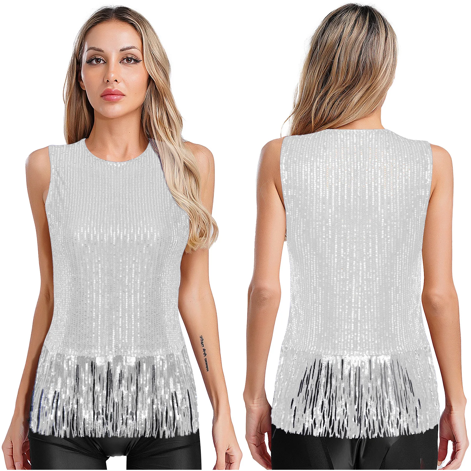 

Womens Retro Disco Style Tops Jazz Practice Sparkly Sequin Glittery Tassel Sleeveless Crop Top for Dance Practice Disco Party
