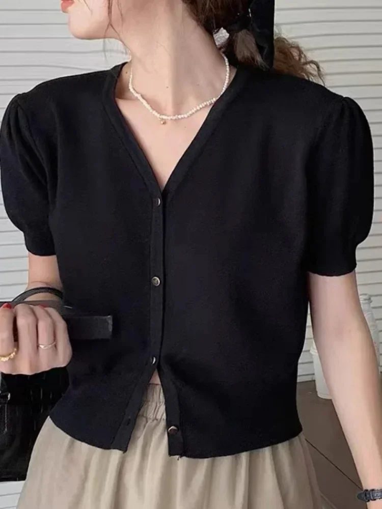 Ropa Mujer-Pull Vintage à Col en V pour Femme, Cardigan Court Chic, Manches Bouffantes, Tunique Sucirculation, Y-Coréen, Doux, 2025