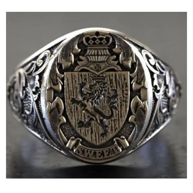 Vintage Lion Crown Shield Embossment Signet Rings for Men Women Retro Silver Color Metal Finger Rings Punk Hip Hop Party Jewelry