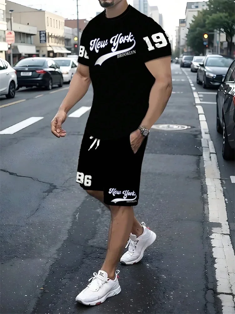 

3D Print Short Sleeved T-shirt and Shorts Set with Letters Fashion Streetwear Daily Wear Sports Trendy Fashion Men Two-piece Set
