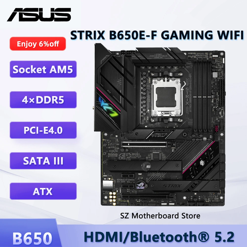 

Материнская плата ASUS STRIX B650E-F GAMING WIFI AMD B650 AM5 DDR5 для Ryzen 9/7/5 7950X3D 7800X3D 7900X3D 7600X CPU SATA III M.2 ATX