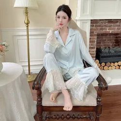 Solid Pajama Set Long Sleeve Button Lace Trim Shirt Pants Set Women's Sleepwear Loungewear