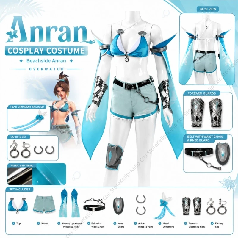 Anran Cosplay Costume Set OW Anran Beachside Summer Outfit Crop Top Shorts Arm Guards Accessories Halloween Carnival Comic Con