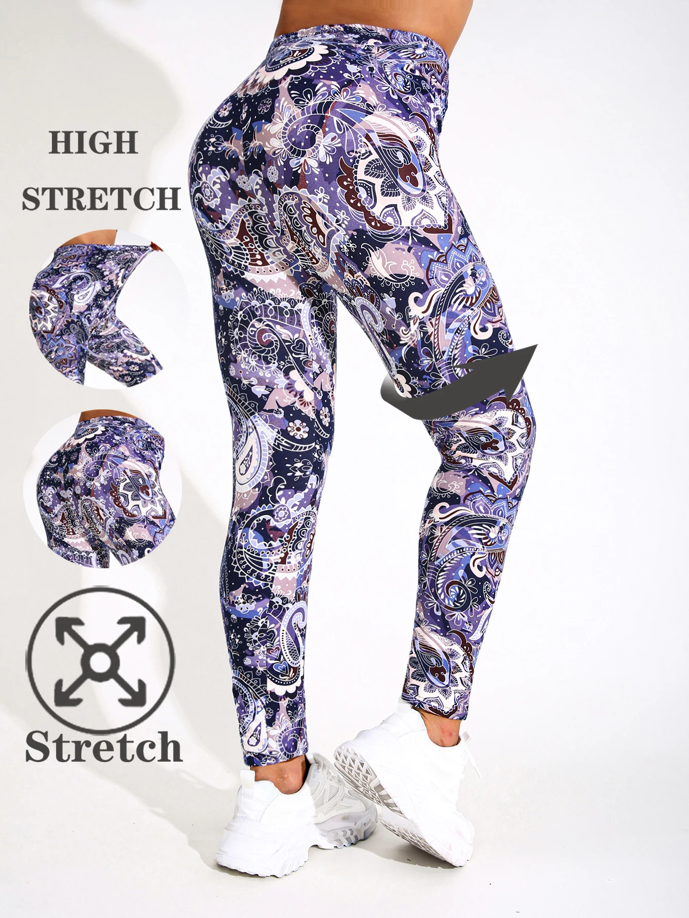 Purple Flower Print Casual Tight Pants For Women High Elasticity Fitness And Yoga Pants Sexy Nine Point Pencil Pants