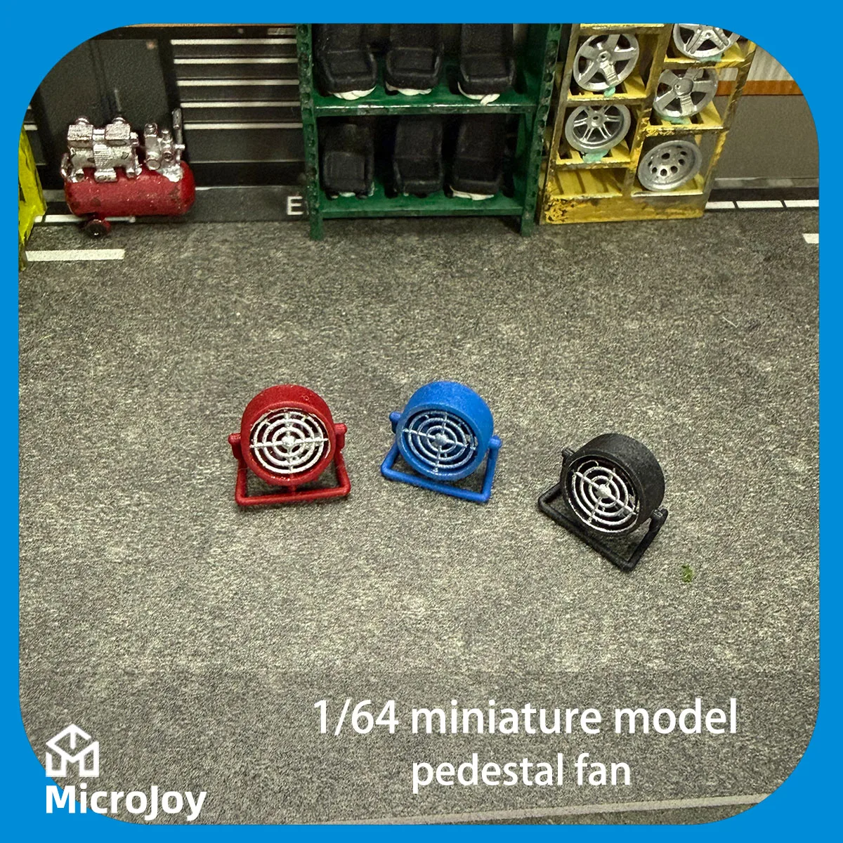 Detailed scene 1: 1:64 scale miniature model of a repair factory fan, mini floor-standing manual ornament, car model scene with distressed decoration, set of 2