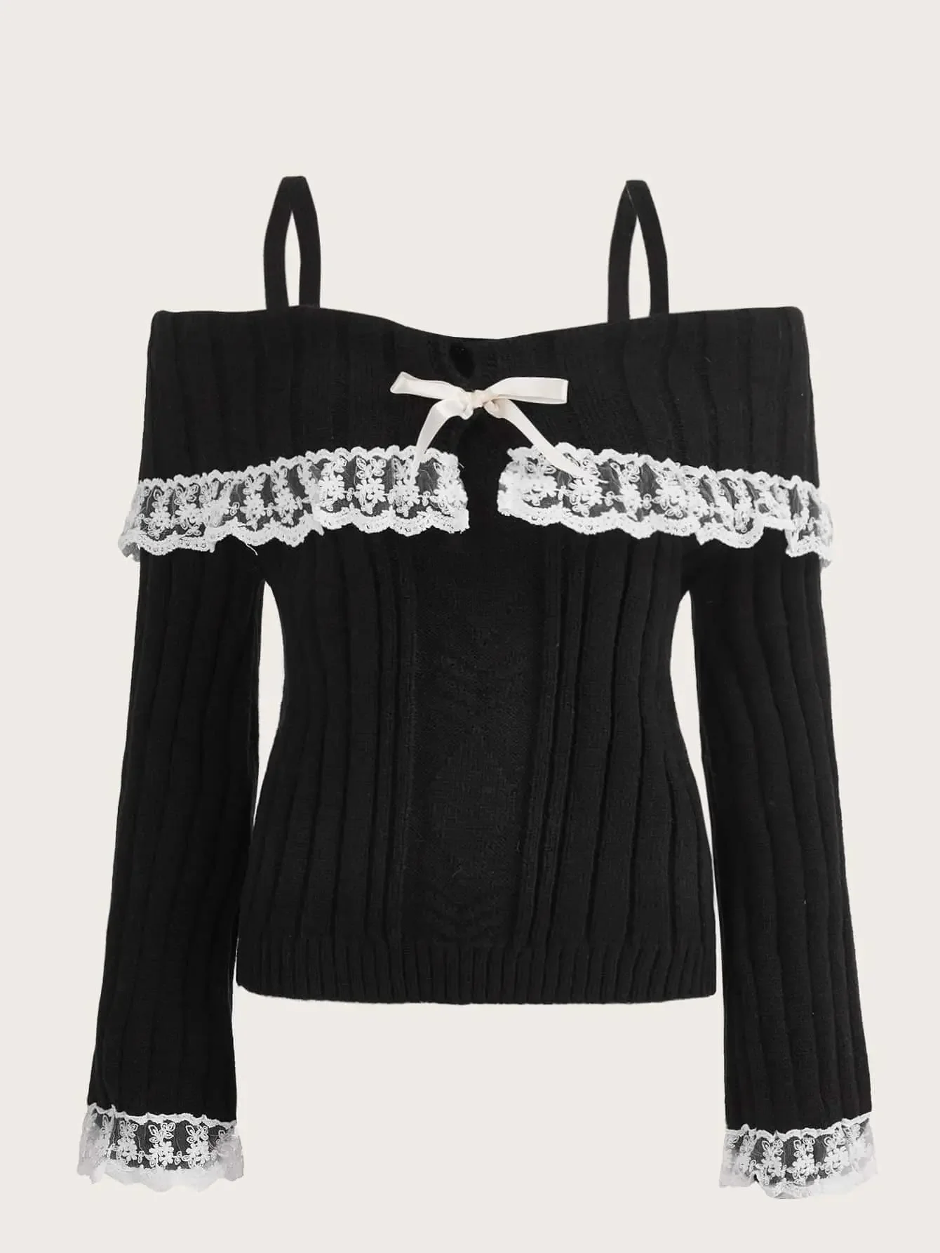 Women's Cold Shoulder Sweaters Long Sleeve Contrast Lace Knit Pullovers Bow Front Jumper Tops