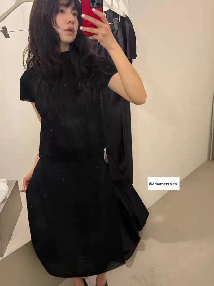 

Korean Style Half High Collar Short Sleeve Top And Skirt Set Women's Two Piece Summer Fashion Outfit Slim Fit Polyester T-Shirt