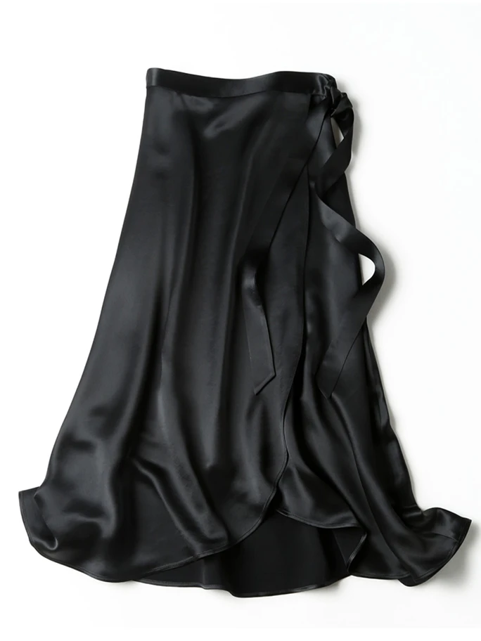 French Style Elegant Sexy Acetic Acid Satin Skirt 2026 Spring Autumn Office Lady Chic Vintage Lace Up Artificial Silk Skirts 6XL