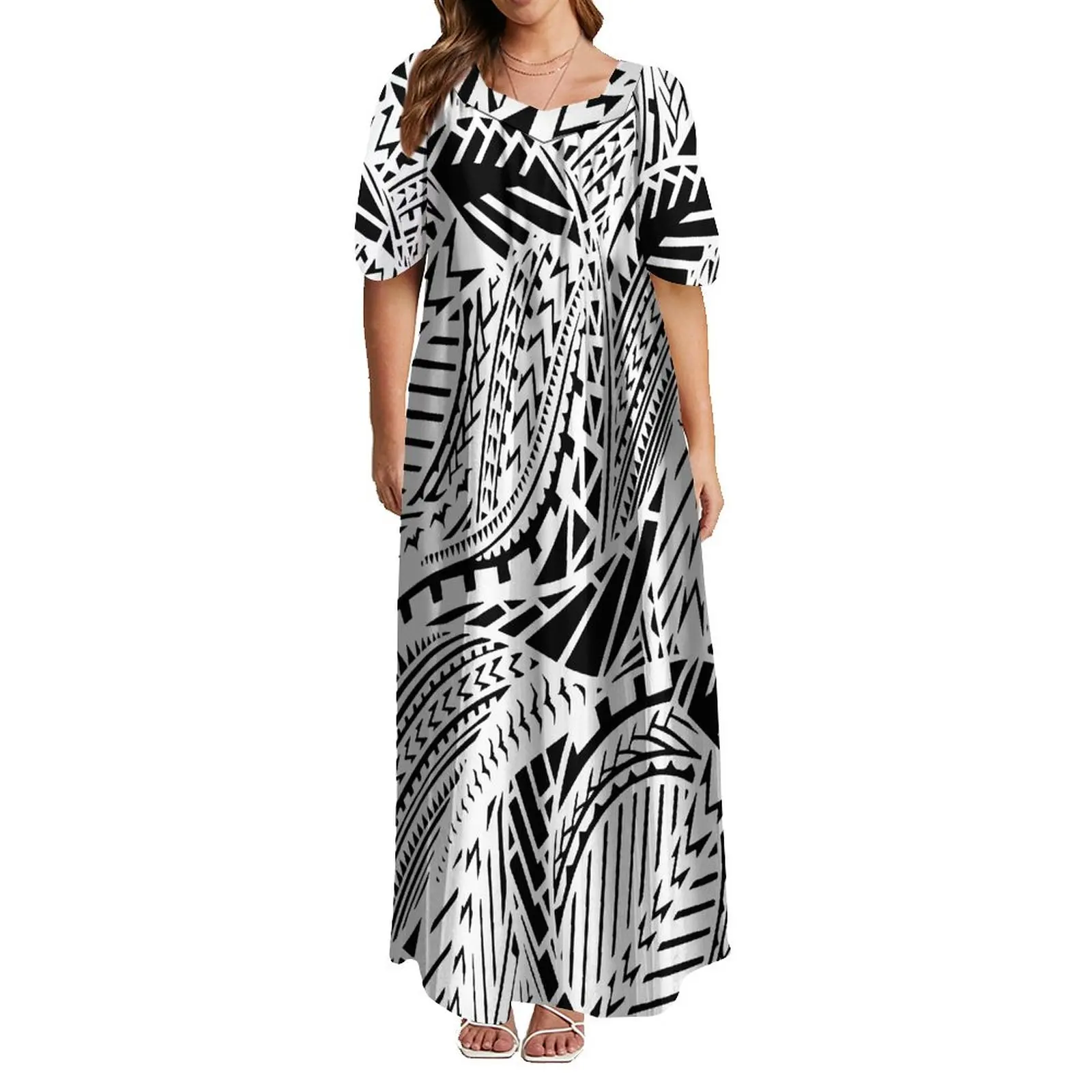 Samoan-Robe à Manches Courtes pour Femme Tribeswoman, Tenue de Soirée de Haute Qualité, Longueur au Sol, Design de Support