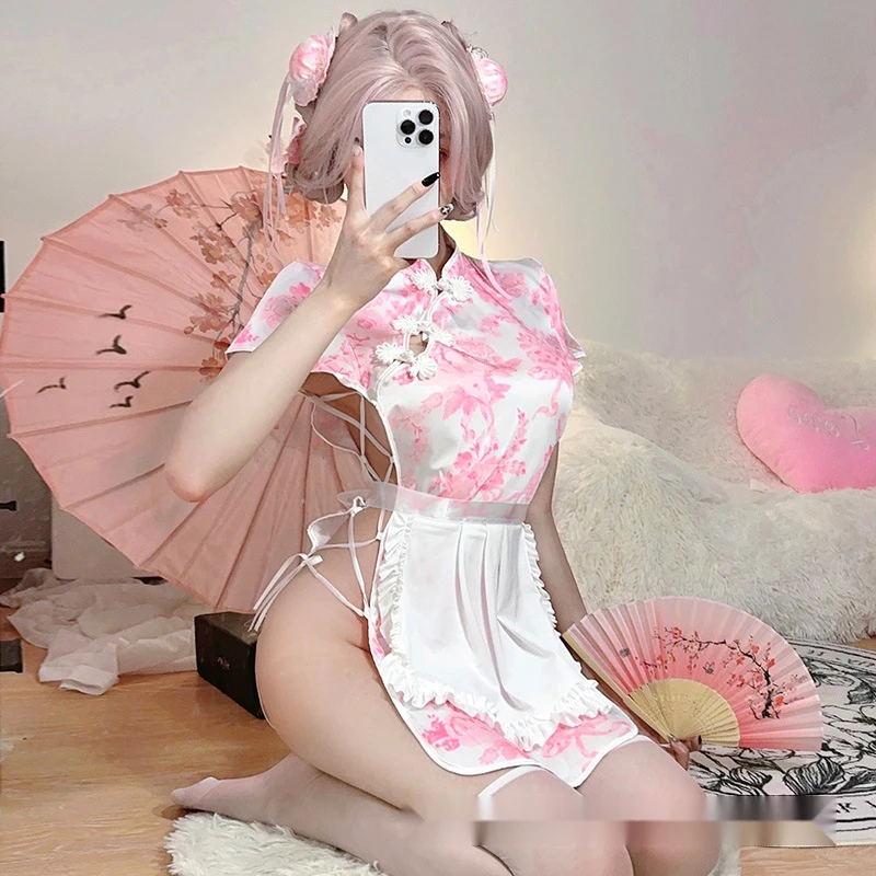 ฤดูร้อนใหม่จีนสาว Lolita จีน cheongsam ชุดหญิงส้อมพิมพ์ลูกไม้หลวมแขนสั้นชุด