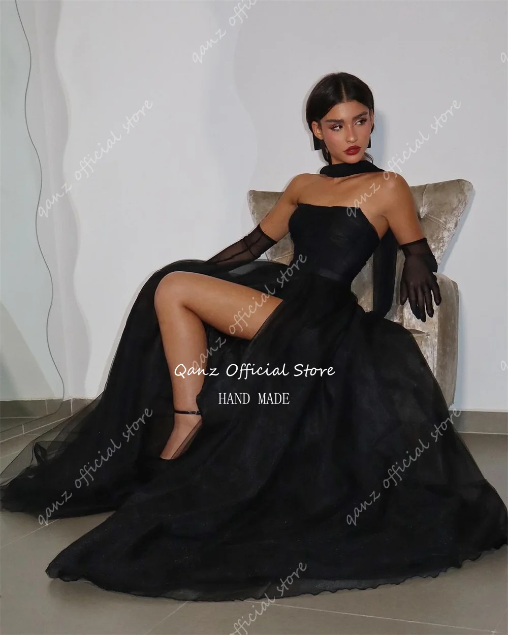 Qanz Gracrfull Tulle Evening Dresses Black High Slit Strapless Corset Bespoke Occasion Dresses Party Prom Gowns Customized