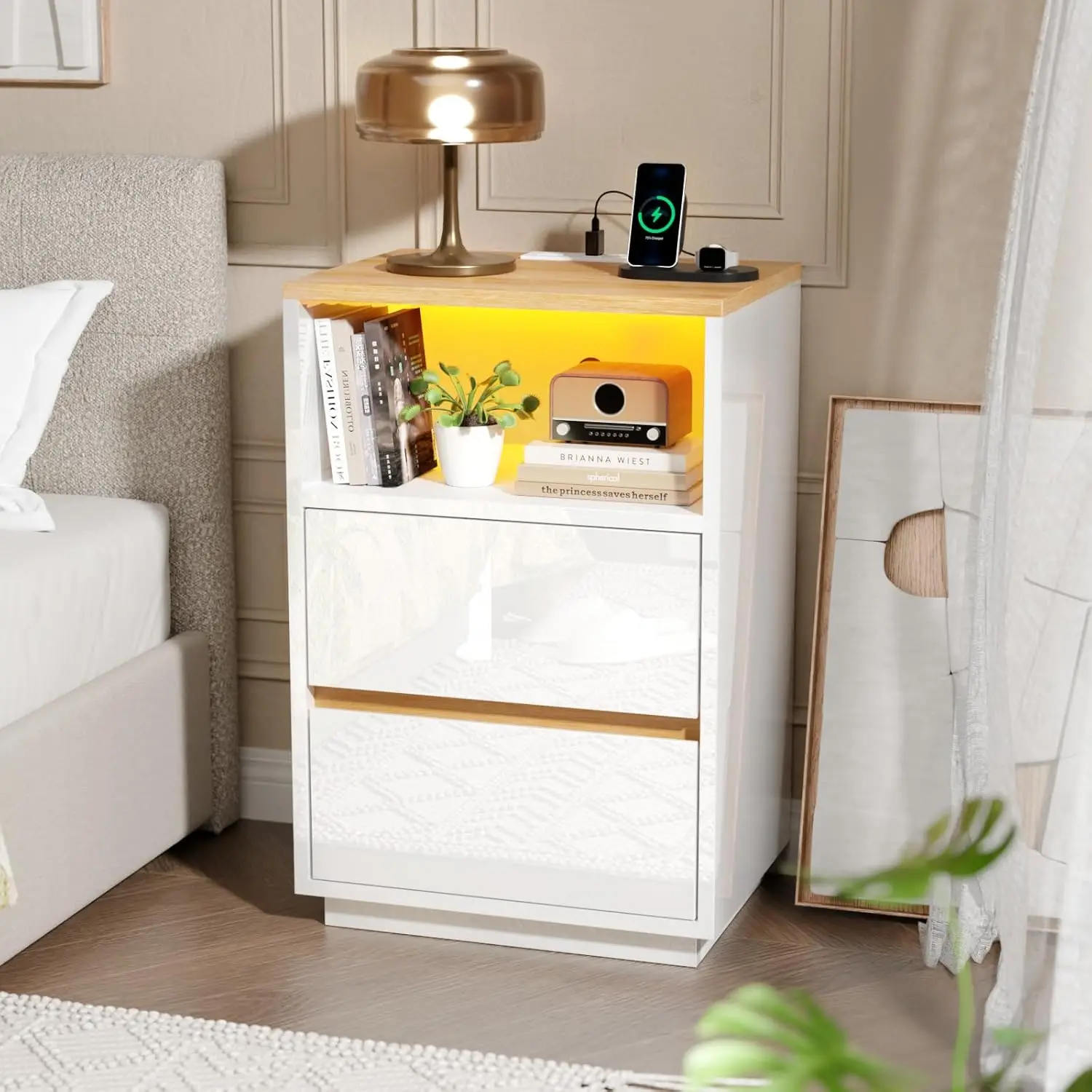

White Nightstand with Charging Station, High Gloss Led Night Stand with Drawers, End Table, Bedside Table, Smart Nightstand Mode