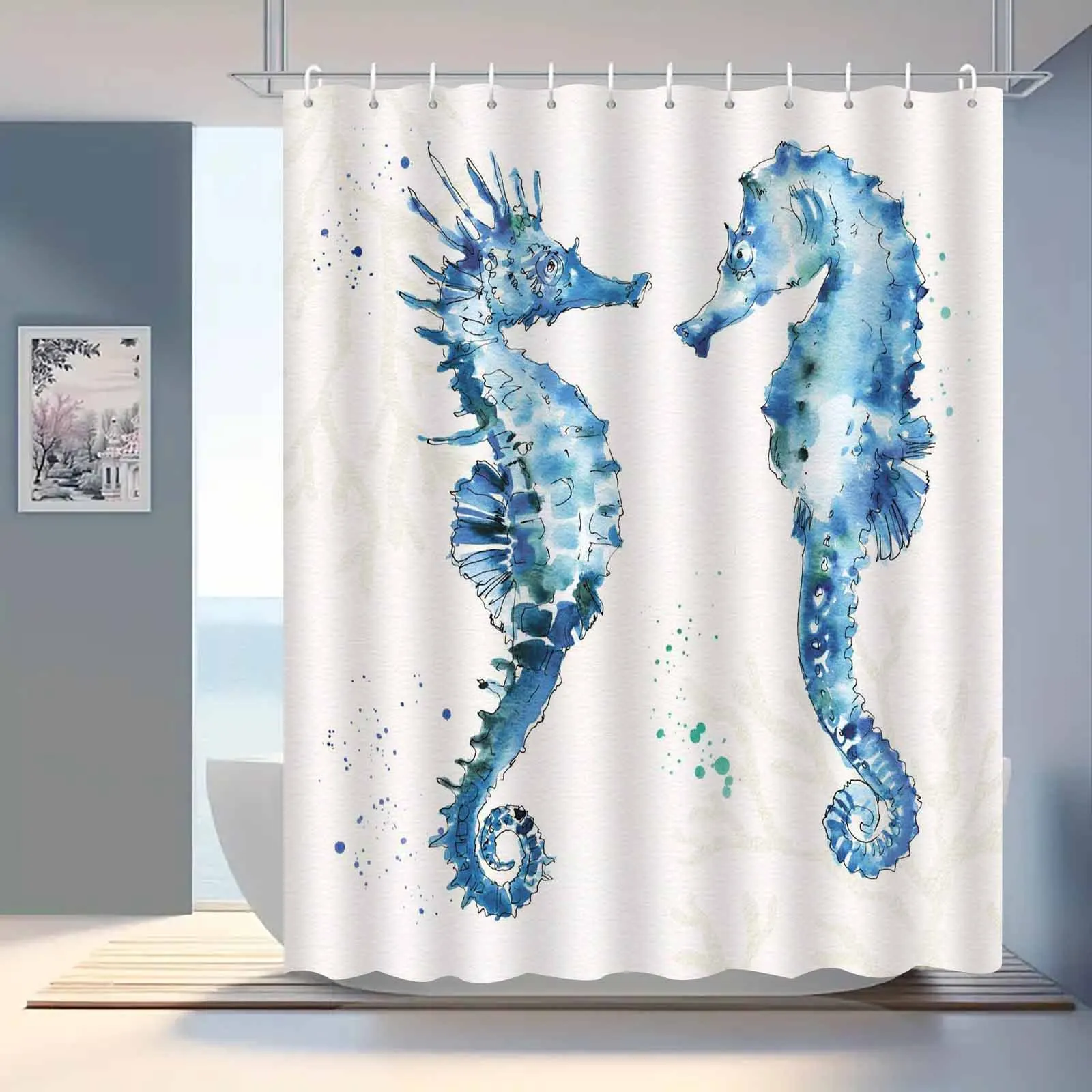 

1 шт., занавеска для душа с океанскими животными и морским коньком, высококачественная элегантная занавеска для ванной комнаты, узор украшения ванной комнаты