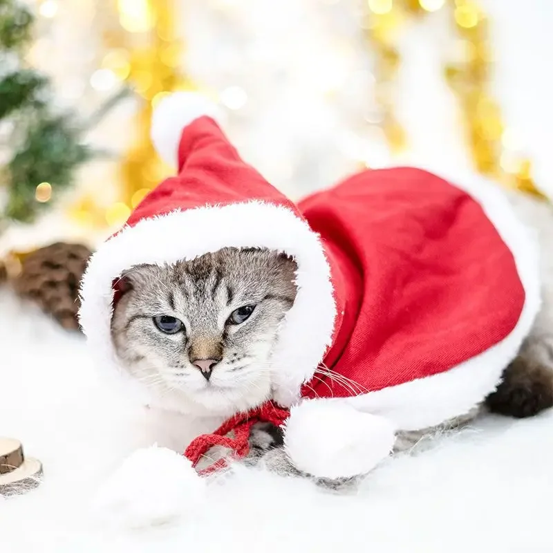 New Year\'s Pet Cat Christmas Cape Cloak Teddy Dog Small Puppy Kitten Autumn and Winter Hat Collar Cat Cosplay Clothes