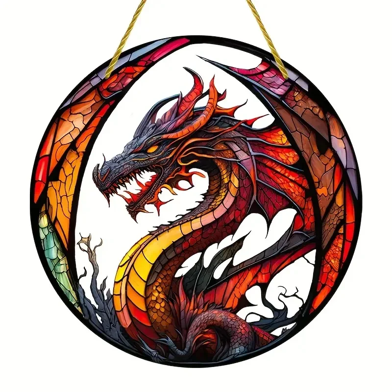 Flying Dragon Print Doorschijnend Gebrandschilderd Glas Suncatcher Acryl Borden Hangende Ronde Plaat Slaapkamer Woondecoratie Muurplaten