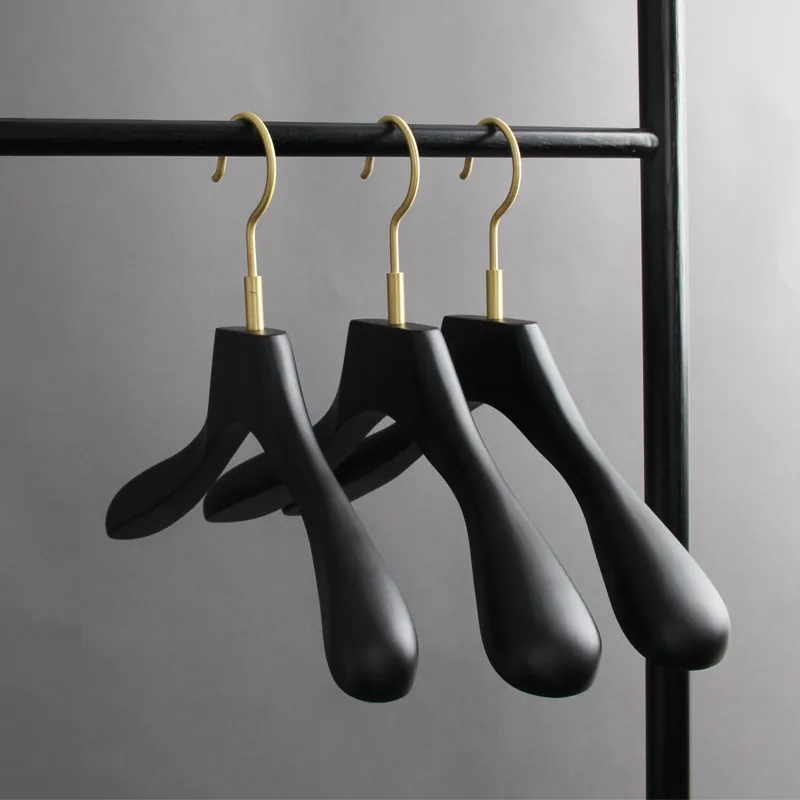 Black Beech Hanger with Brass Hook Solid Timber Coat Rack for Boutique Non Slip Clothes Organizer for Wardrobe Premium Suit Rack