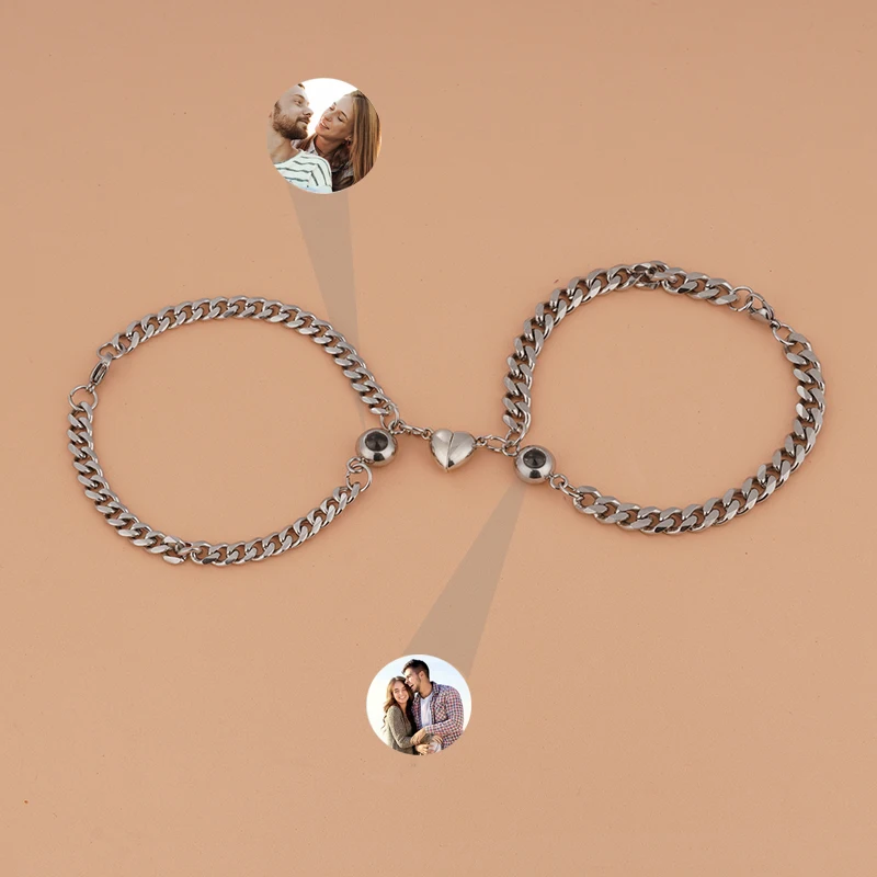 2Pcs/Set Heart shaped Magnet Projection Photo  Bracelet for Couples Stainless steel Cuba chain Bracelet Set Jewelry Gift