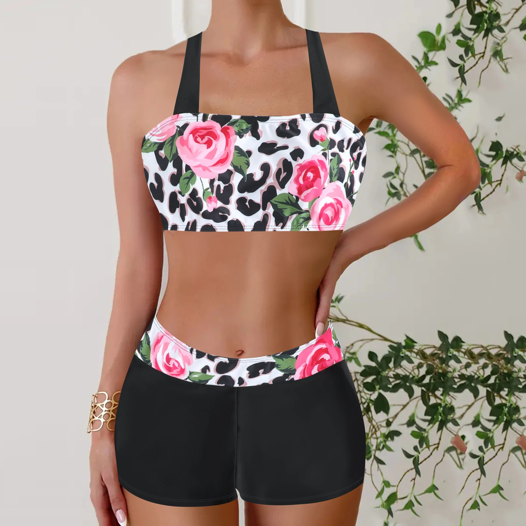 Conjunto tankini con estampado tropical para mujer, traje de baño elástico no transparente con pantalones cortos de cintura alta, bikini, ropa de playa de verano