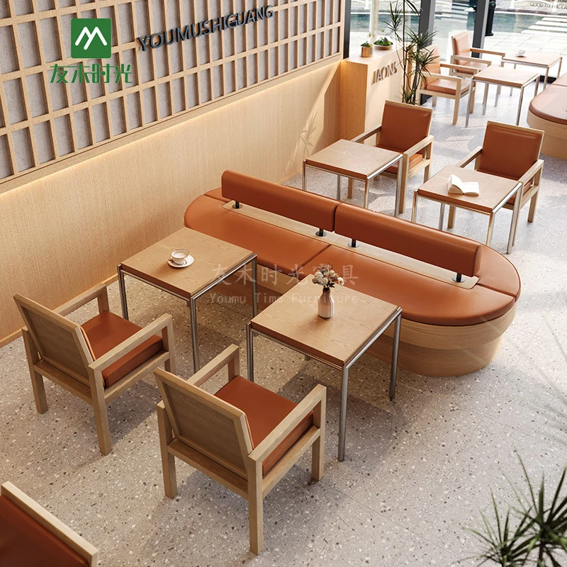 Restaurant Booth SetNatural Wood Style Dessert Bakery Tables , Coffee Milk Tea Shop Sofa Chairs, Meeting And Rest Area S
